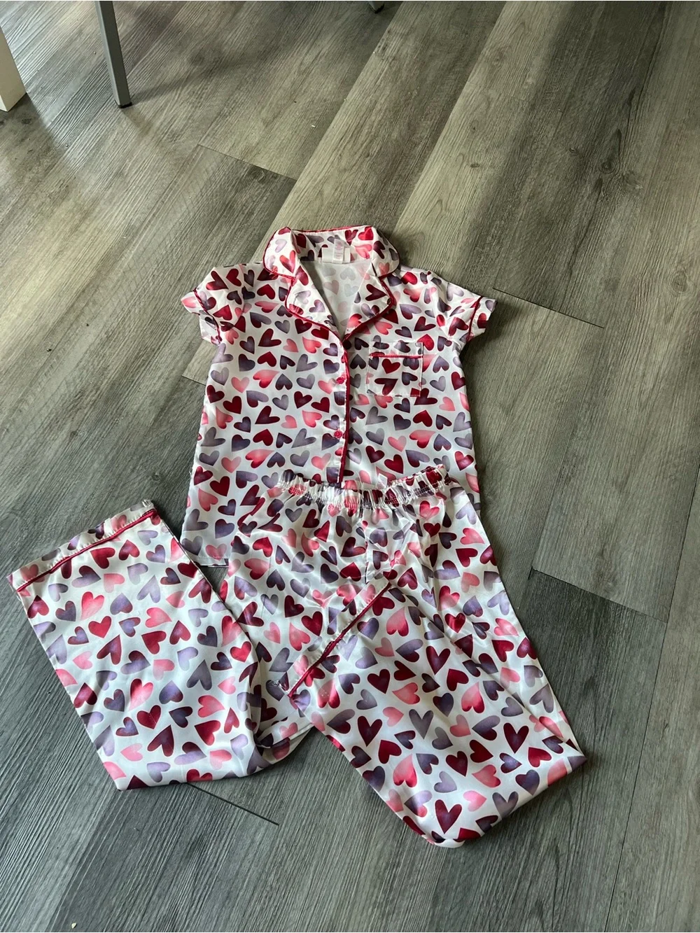 Girls Heart-Print Pink and Purple Short-Sleeve Pajama Set